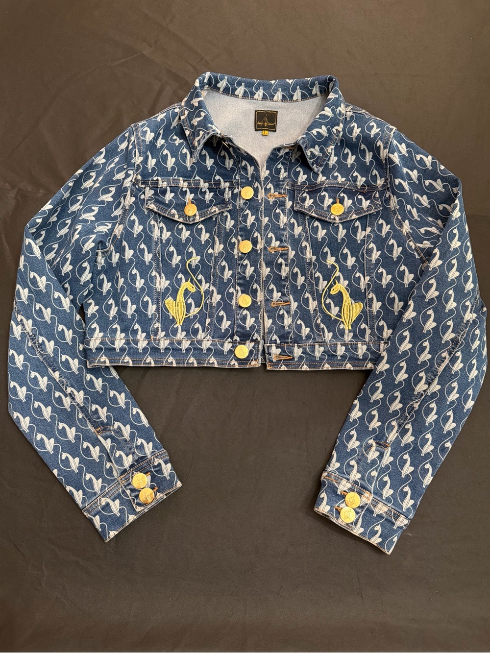 Vintage Y2K Baby Phat Blue Denim Cropped Jacket All Over Cat Print Gold Hardware